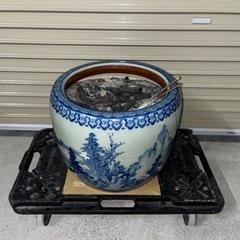 直径41cm 高さ30.5cm 染付 火鉢 灰入り 風景画 山水...