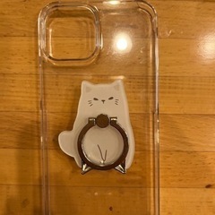iPhone13mini カバー　白猫リング付　ハードカバー