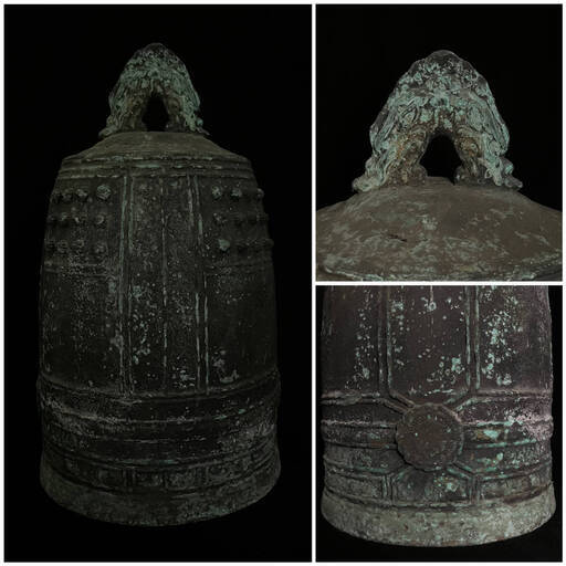 WY4/6 銅鐘 吊り鐘 釣鐘 半鐘 緑青 古美術 骨董 仏教美術 金属工芸 古銅 寺社 寺院 仏具 重量約21kg 高さ52cm 直径30㎝ ★直接引取歓迎〇