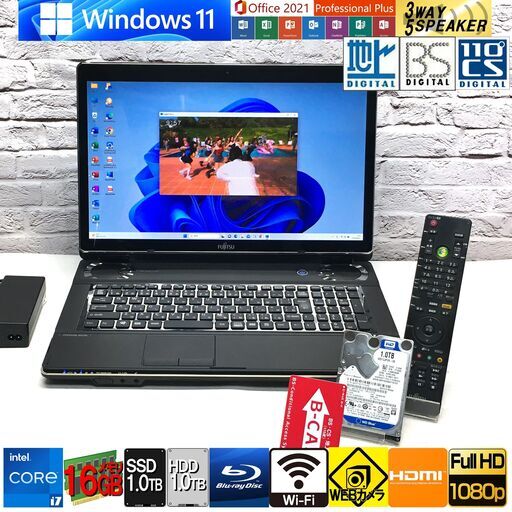 美品★地デジ★17.3型FHD液晶★メモリ16GB/新品SSD1.0TB+HDD1.0TB/最強Core i7-2.9G【富士通 NH77/DD】最新Win11/MS Office2021★長期保証（管理：08220121）