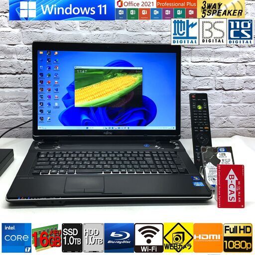 地デジ★17.3型FHD液晶★メモリ16GB/新品SSD1.0TB+HDD1.0TB/最強Core i7-3.1G【富士通 NH77/ED】最新Win11/MS Office2021★長期保証（管理：08242109）