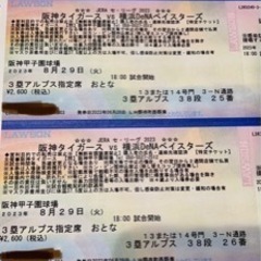 阪神戦 チケット2枚 来週8/29(火) 値下げしました 甲子園...