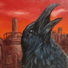 【油絵】カラスの絵◆カッコイイ工場が背景◆作者サイン入り