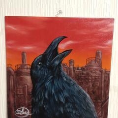 【油絵】カラスの絵◆カッコイイ工場が背景◆作者サイン入り