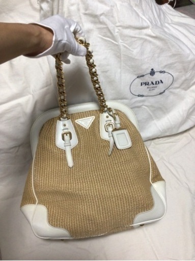 2回のみ使用 プラダ BR3693 カゴバッグ ストロートート 白ナチュラル 