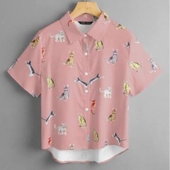 未着用■ピンク　L猫プリント ボタンスルー シャツ