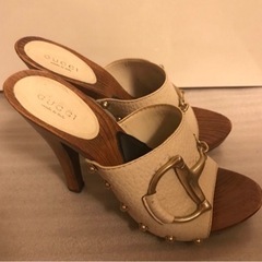 美品☆GUCCI・グッチ・サンダル・白（本革）×ウッド・グッチマーク・21.5㎝