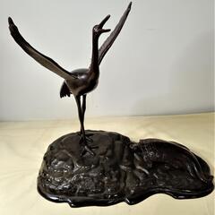 美品　岩上に鶴と亀　銅製