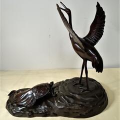 美品　岩上に鶴と亀　銅製