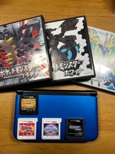 ニンテンドー3DSLL ブルーXブラック 本体+ポケモンハートゴールド、プラチナ、オメガルビー、ムーン、ホワイト、X