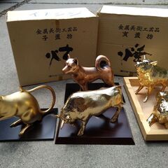 金属美術工芸品　干支置物　5種類(箱付き)　子丑寅戌亥　昭和レトロ