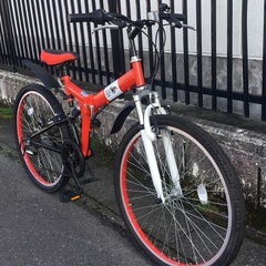 ＜新品・未使用車＞MTB型26インチ折りたたみ自転車・フルサスペンション・ミッキーロケットのロゴ入り・シマノ6段変速・ Vブレーキ・ピカピカです♪