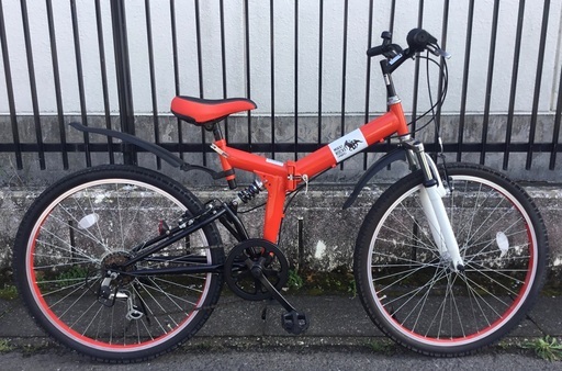 ＜新品・未使用車＞MTB型26インチ折りたたみ自転車・フルサスペンション・ミッキーロケットのロゴ入り・シマノ6段変速・ Vブレーキ・ピカピカです♪