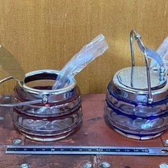 レトロ　江戸切子　シュガーポット2個組　銅赤と紺色