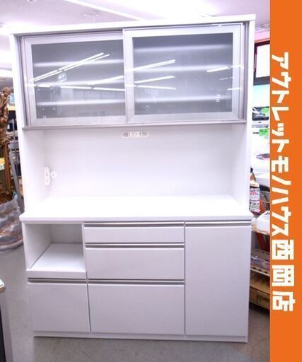 美品！キッチンボード 幅140㎝ 木目調 エナメル ホワイト 引出し上段ソフトクローズ レンジボード カップボード 食器棚 西岡店