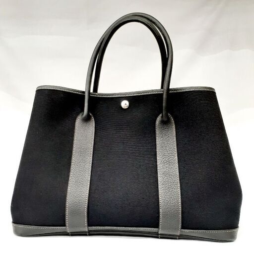 HERMES ガーデンパーティPM トートバッグ ブラック×キャンバス×シルバー金具 中古品