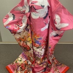 花嫁打掛　正絹　ピンク　彩豊かな花モチーフと鶴