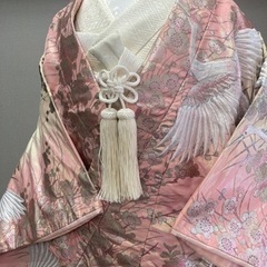 花嫁打掛　正絹　プラチナ・ピンク　鶴　梅の花