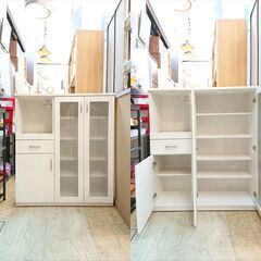 ニトリ キッチンカウンター ハイタイプ 横幅100㎝×奥行40cm×高さ115cm■ 2枚ガラス扉 1枚扉 棚板可動式 引出し1個 スライドテーブル コンセント1口 ホワイト 鏡面仕上げ レンジボード キッチンボード 食器棚■近隣配送無料 買取帝国 朝霞店