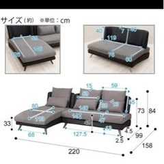 ニトリ　布張りカウチソファ　L型ソファー　グレー　黒