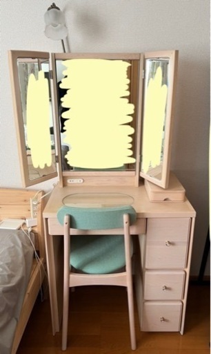 【木製化粧台】機能的かわいいドレッサー三面鏡収納イス付き