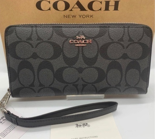 財布 COACH long wallet C4452 black signature outlet product with box and paper bag