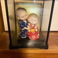 日本人形　着物　兄弟　人形　オブジェ　置物　ガラスケース入り
