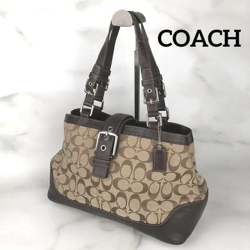 COACH シグネチャー バッグ カーキ×ブラウン キャンバス×レザー バックル　used