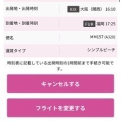 【ネット決済・配送可】10/22(日)大阪→福岡航空機チケット