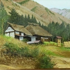 絵画　油絵　佐藤忠彦「山かげの民家」油彩F4号 真作保証 長野県大町市風景