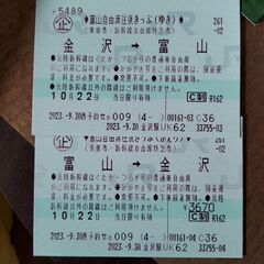 新幹線切符　金沢　富山　往復自由席　10/22　はくたか号　つるぎ号