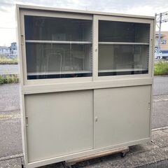 中古 スチール製ガラス戸付書庫　2段　書庫　保管庫　上下書庫　キ...