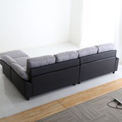 6人掛けコーナーソファ レザー調×ファブリックタイプ グレー