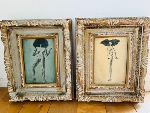 最上の品質な 絵画 裸体画 2枚セット 保 アンティーク 木彫り 現代美術