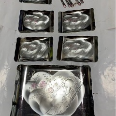 金属製盛皿・ 角皿 ・盛り付けプレート・トレー・手彫り・梅・5枚セット