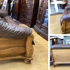 K44　オランダ　ダッチカントリー　本革張り　楢材　木枠　トリプルソファ