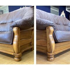 K44　オランダ　ダッチカントリー　本革張り　楢材　木枠　トリプルソファ