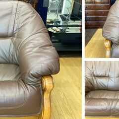 K44　オランダ　ダッチカントリー　本革張り　楢材　木枠　トリプルソファ