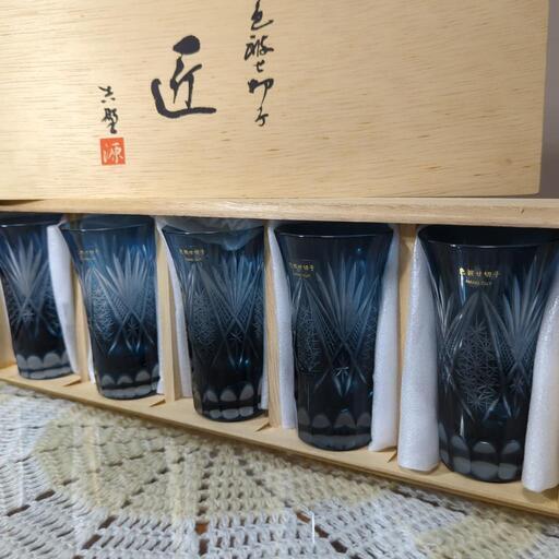 【ご予約済】　色被せ切子 源 匠  一口ビール 藍染め色　5客\n新品未使用共箱入り\n