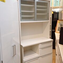 松田家具 キッチンボード ホワイト 鏡面仕上げ 2枚スライドガラ...