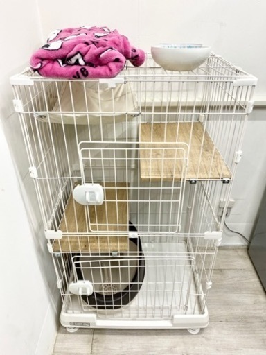 【ほぼ新品】アイリスオーヤマ 猫 ケージ キャット ケージ ミニ 2段 ハンモック付き マットホワイト 幅69×高115cm