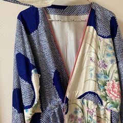 【貴重】絹総絞り着物リメイク　高級振袖ロングカシュクールワンピース　青