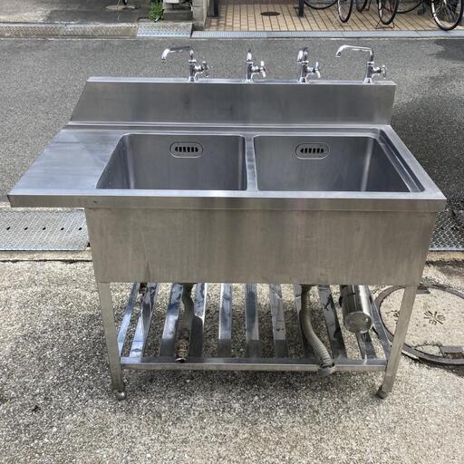 洗浄済み★2槽シンク 蛇口 4口 ソイルドシンク ステンレス製 業務用 流し台