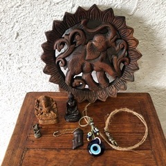 アジアン　木製　神様の置物　ガネーシャ　飾り　木彫　7個セット