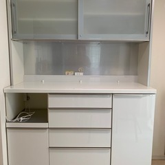 松田家具 キッチンボード ホワイト 鏡面仕上げ 2枚スライドガラス扉