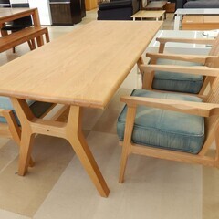 ☆美品  WTW  アペルト ダイニングテーブル＆ベンチ＆チェアセット  ナチュラル木 デニムクッション  札幌市清田区