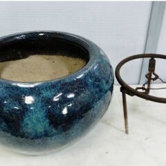 葛明祥 造 火鉢 海鼠釉 三德付き 灰付き 中国古玩 高さ30x幅49x