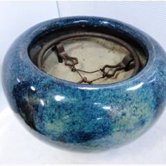 葛明祥　造　火鉢 海鼠釉　三德付き　灰付き　中国古玩　高さ30x幅49x奥行49㎝　美術品　陶芸　陶器　茶道 唐物　清代　金魚鉢