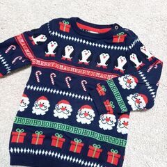 【お取引中】【ベビーニット】92／H&M／ネイビー×クリスマス柄