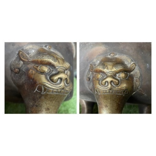 【骨董・茶道具】真鍮製　時代　唐銅　火鉢　獣面三足 骨董・茶道具】真鍮製時代唐銅火鉢獣面三足